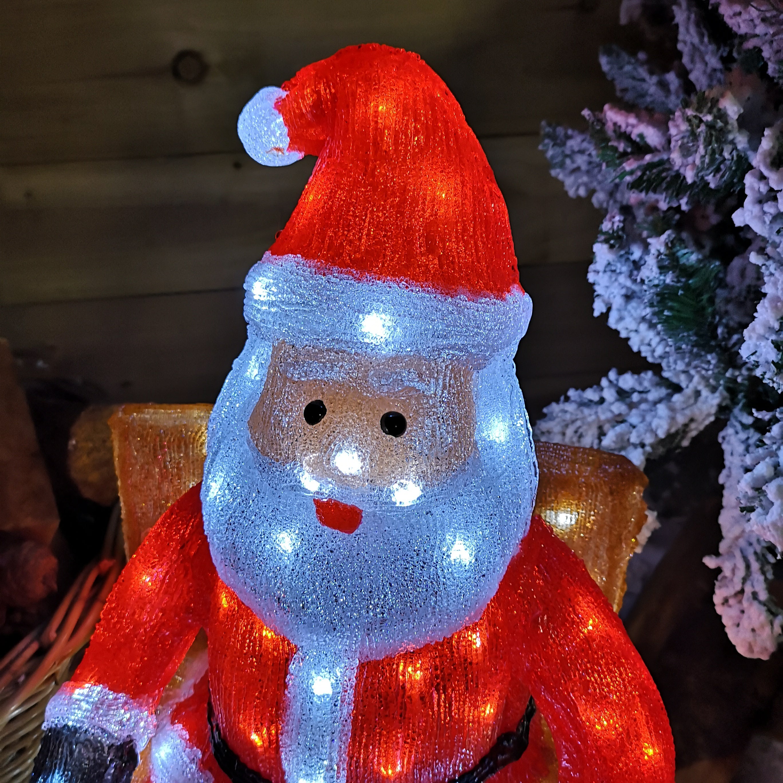 60cm Cool White 100 LED Christmas Light Up Outdoor Acrylic Sitting Santa in Chair