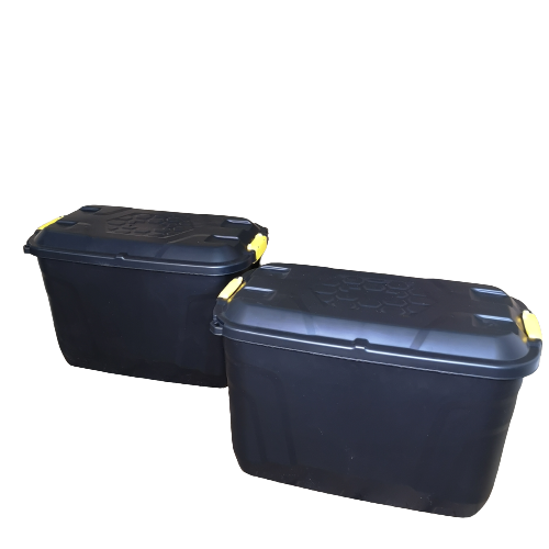 2 x 110L Heavy Duty Trunk on Wheels Sturdy, Lockable, Stackable and Nestable Design Storage Chest with Clips in Black