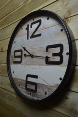67cm Dia Large Round Faced Wood Effect Wall Clock with Thin Black Metal Frame