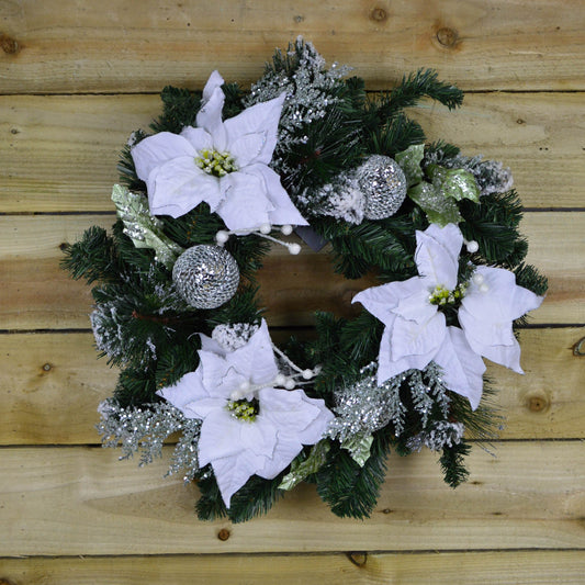 60cm White Poinsettia Christmas Wreath Silver Balls Glitter Snow Flocked