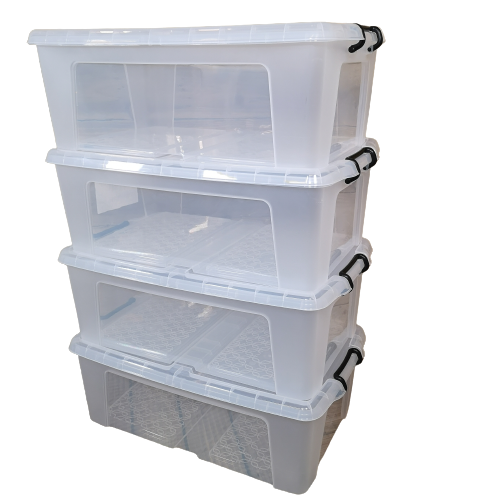 4 x 50L Smart Storage Boxes, Clear with Clear Extra Strong Lids, Stackable and Nestable Design Storage Solution