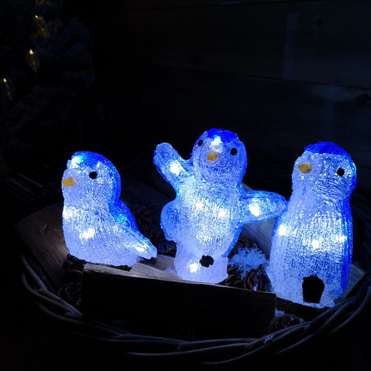 23cm Set of 3 Acrylic Ice White LED Penguins Indoor Outdoor Christmas Decoration