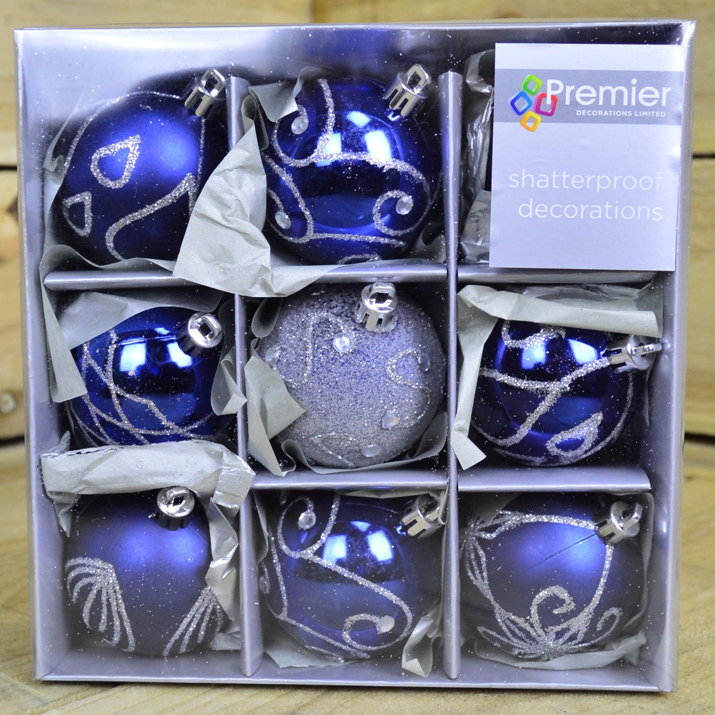 9 Pack Premier 60mm Deluxe Glitter Christmas Tree Baubles - Midnight Blue