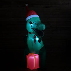 2.1m Premier Christmas Indoor Outdoor LED Inflatable T Rex Dinosaur in Santa Hat with Parcel