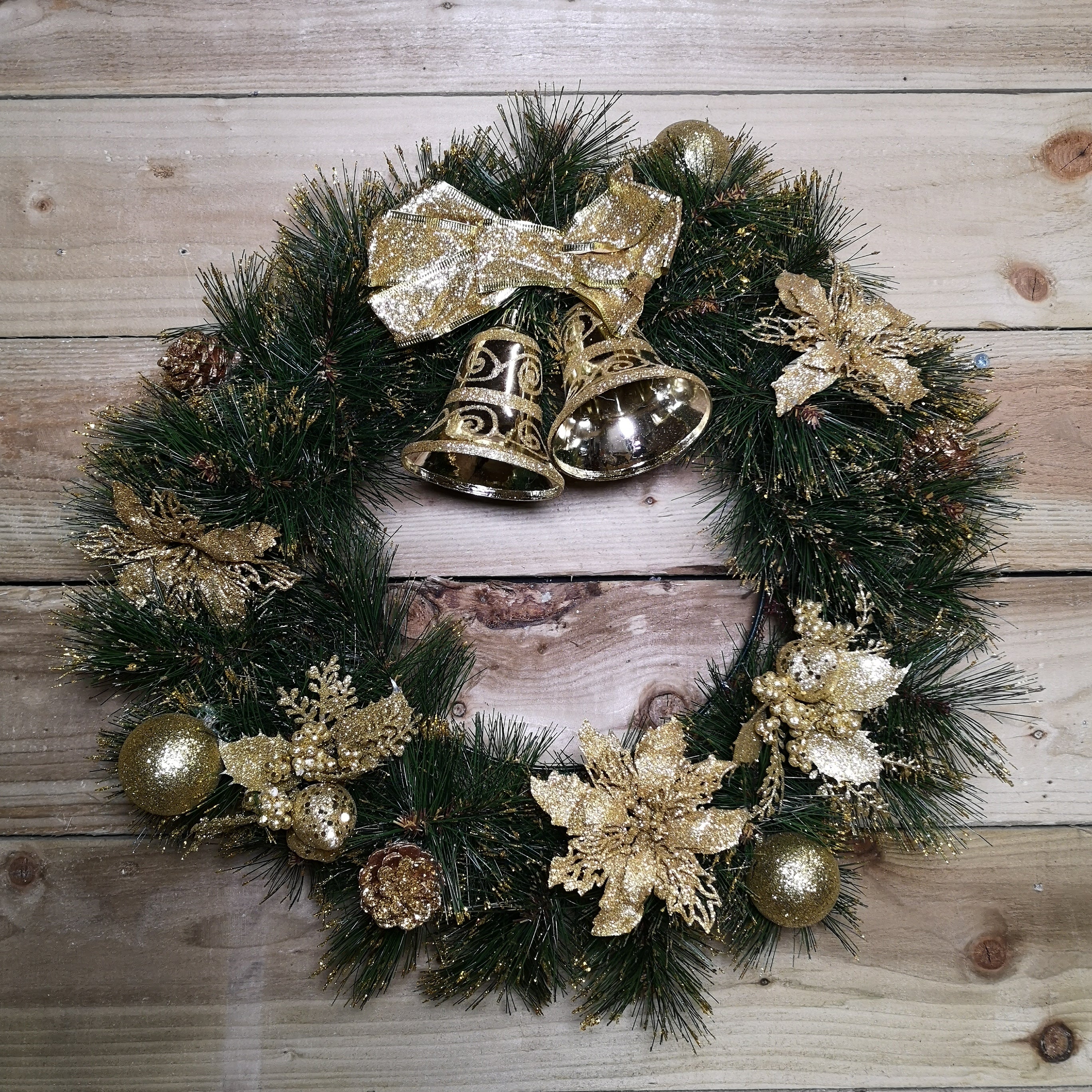50cm Premier Christmas Wreath with Gold Glitter Tips, Bells & Decorations