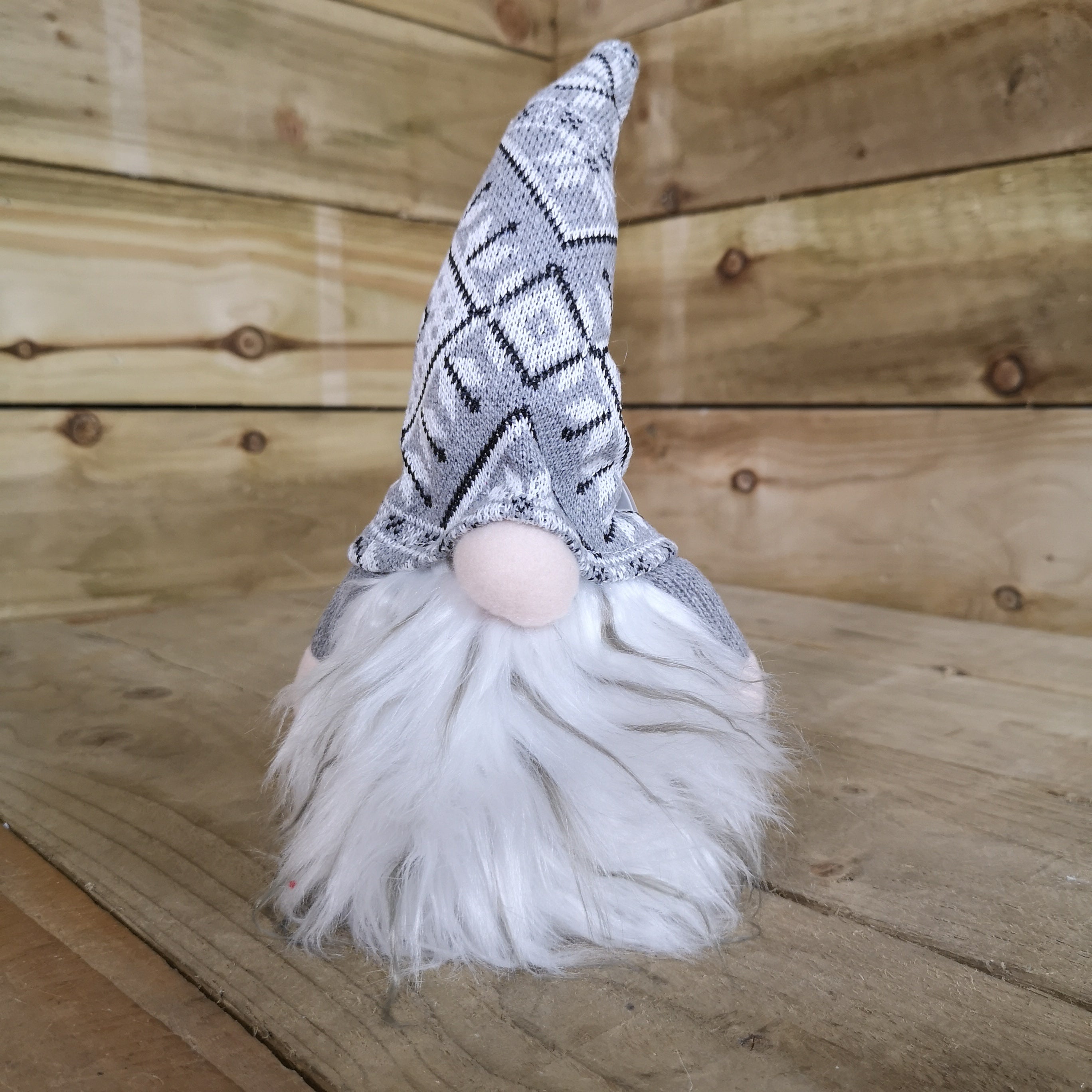 27cm Tall Christmas Light Up Gnome Gonk Nordic Decoration Grey Patterned Hat Sitting