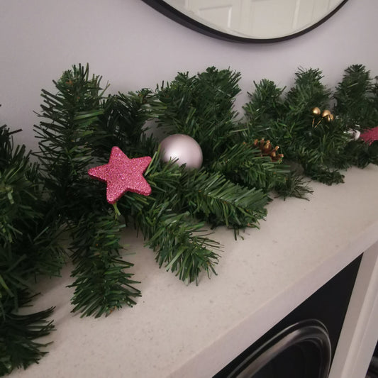 180cm Festive Christmas Garland With Pine Cones And Glitter Pink And Gold Baubles 3840