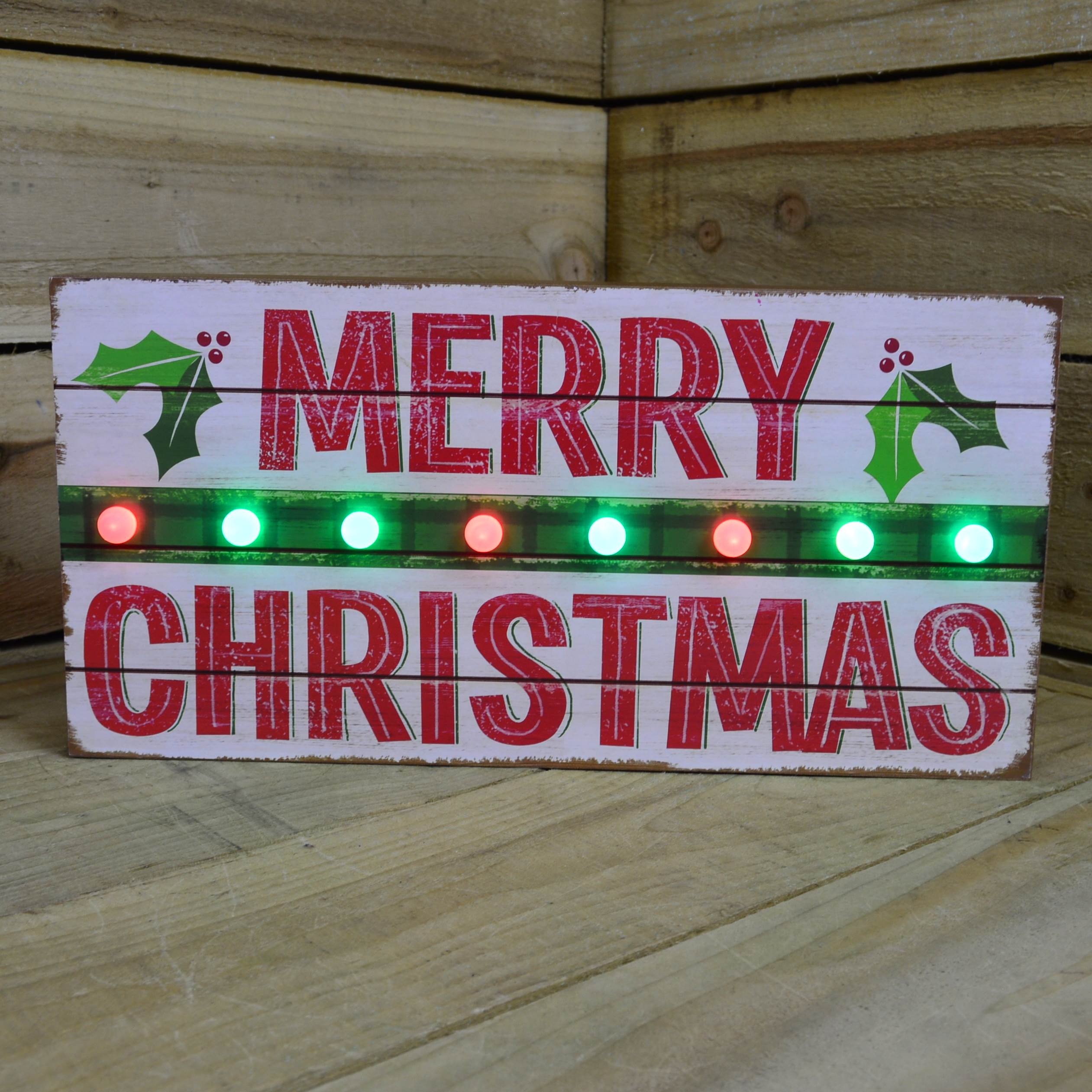 Merry Christmas Rustic Wooden Sign with Red & Green Flashing LED Lights