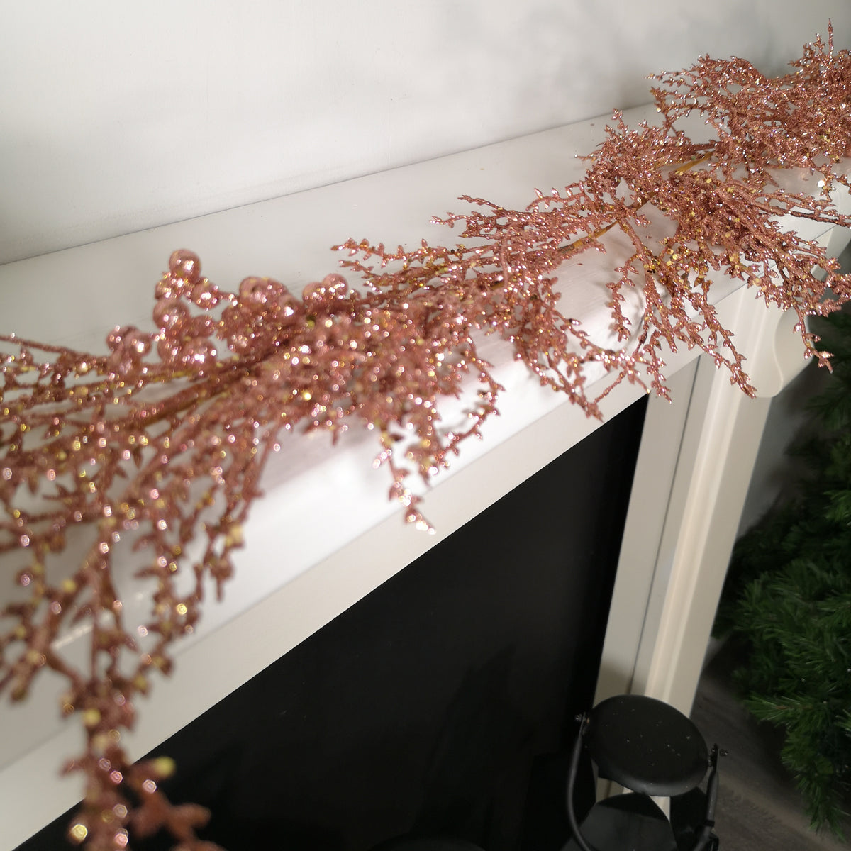 1.8m Rose Gold Glitter Leaf & Berry Christmas Garland Decoration