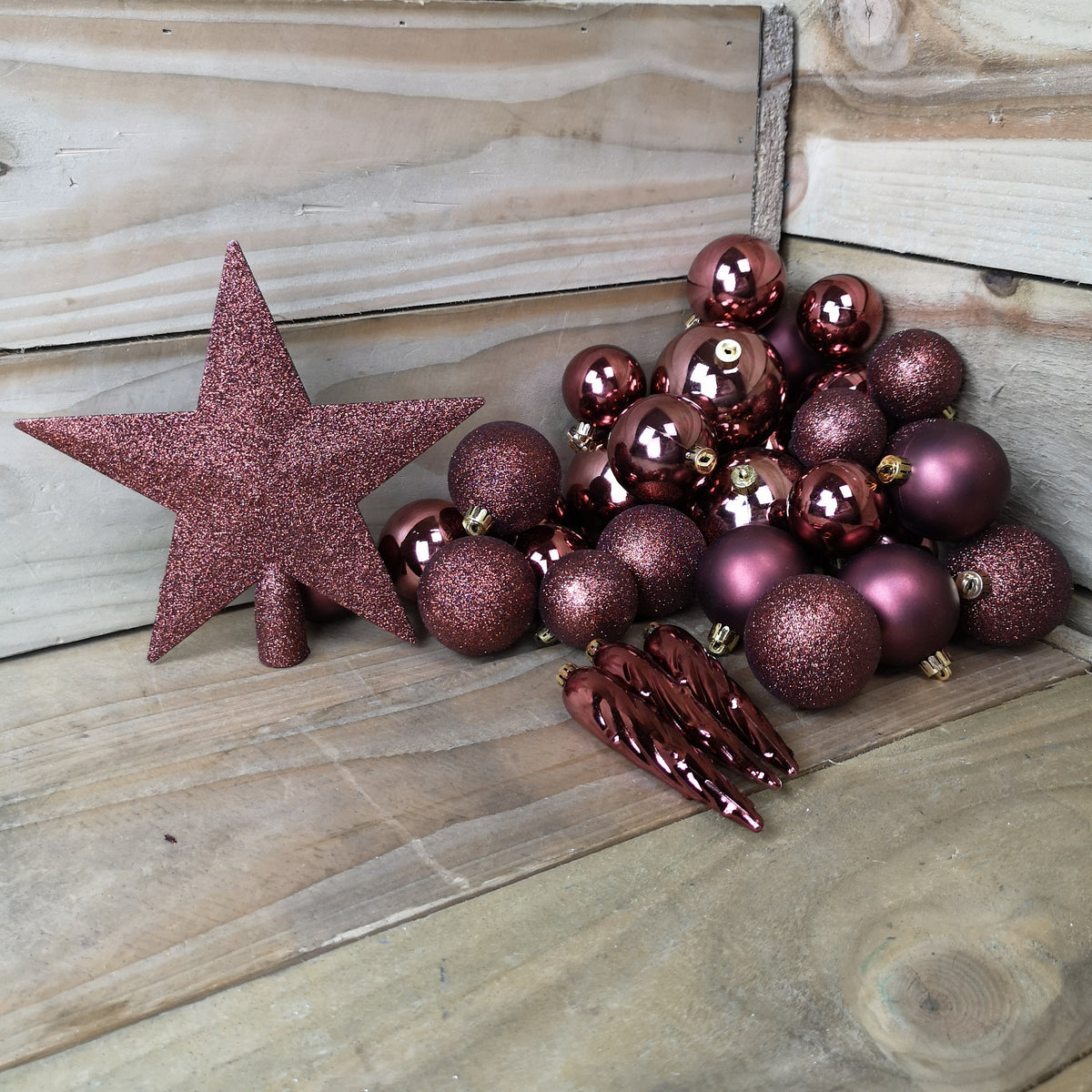 33 Assorted Shatterproof Christmas Baubles With Star Tree Topper - Rosewood Brown
