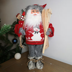45cm Standing Santa Claus Father Christmas Figurine with Snowman Jumper and Skis