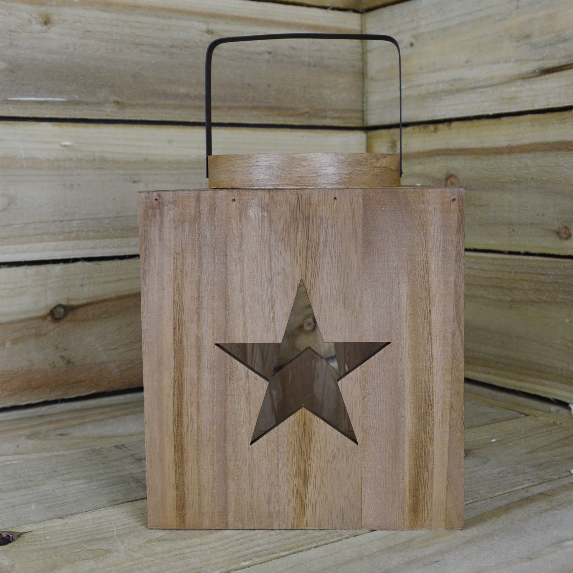 22 x 26cm Wooden Lantern With Decorative Star Cut Outs And Glass Candle Holder