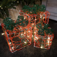 Set of 3 Premier Christmas Lit Acrylic Red & Green Parcels in Warm White LEDs