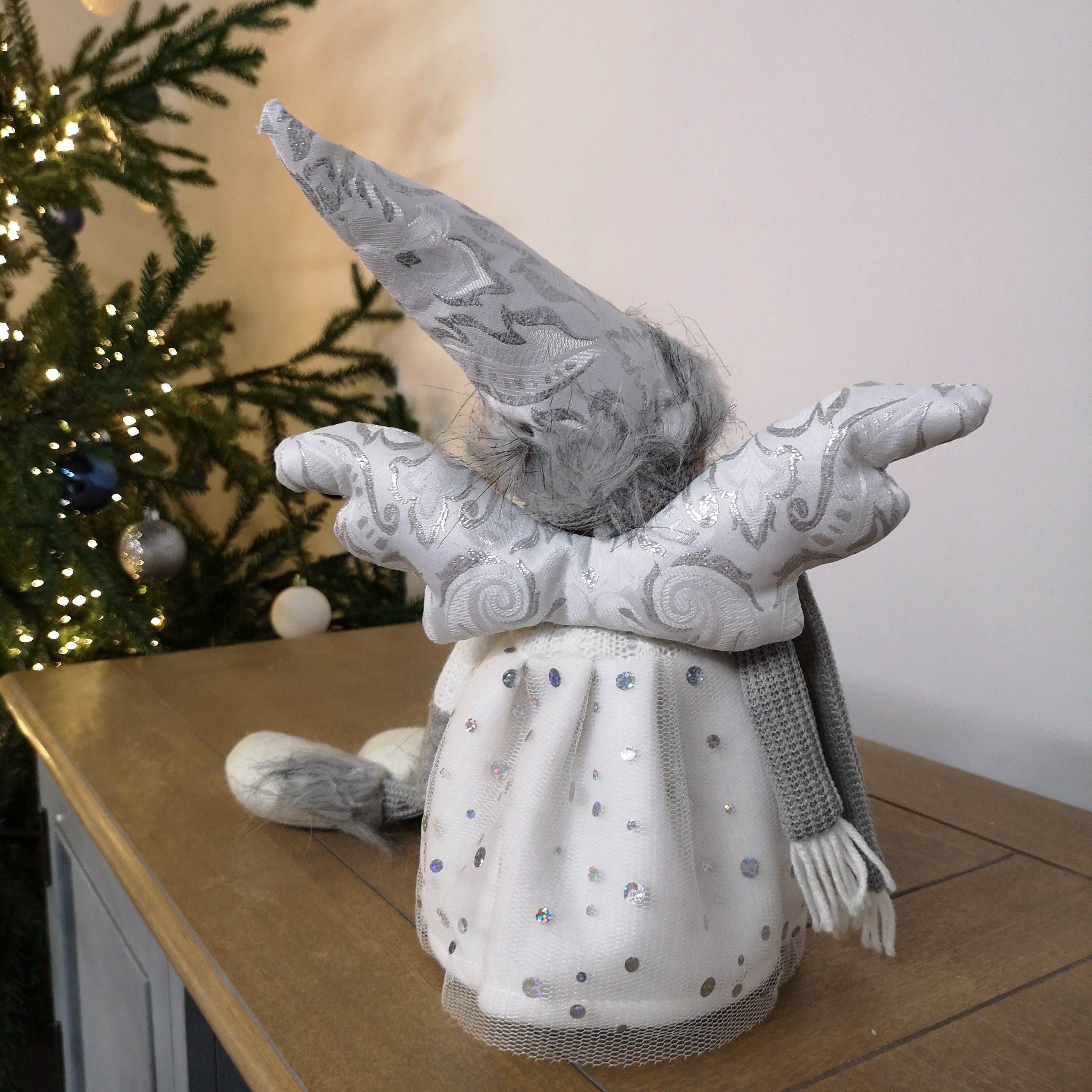 60cm Sitting Christmas Angel with Dangly Legs in Silver