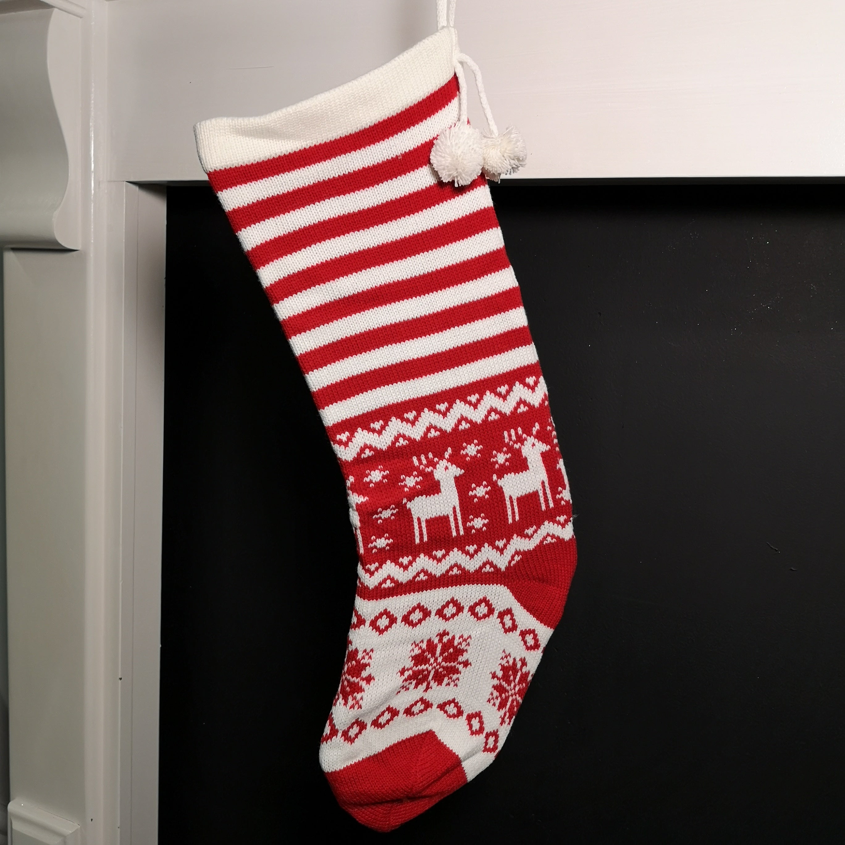 60cm Festive Knitted Christmas Stocking Decoration in Red with Reindeer Design