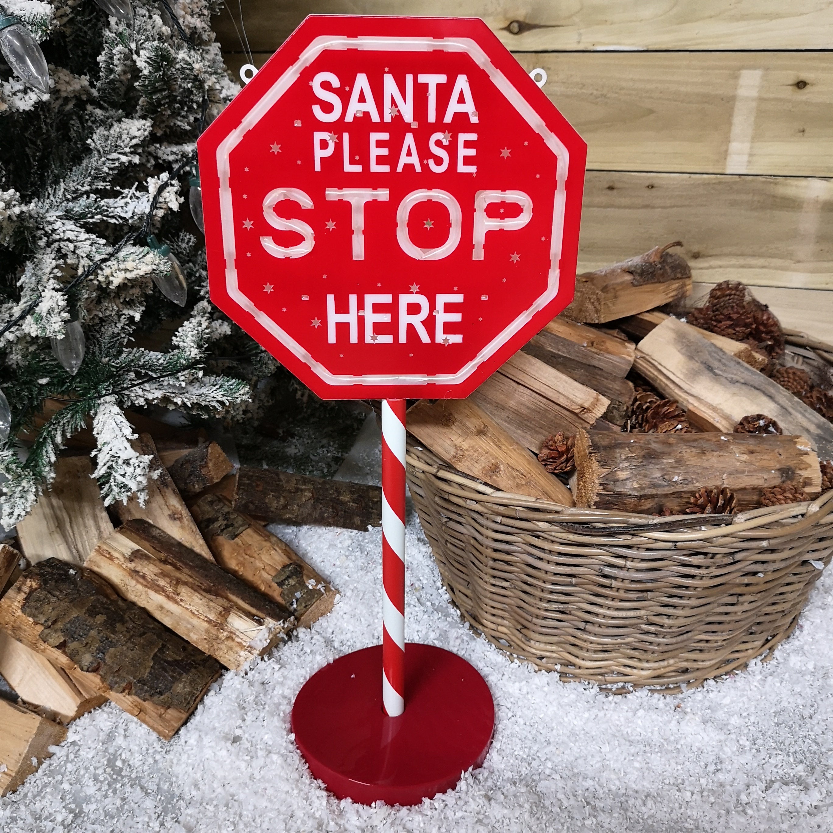 65cm Light Up Christmas Red and White Santa Stop Here Outdoor Sign with 45 Multi Colour LED