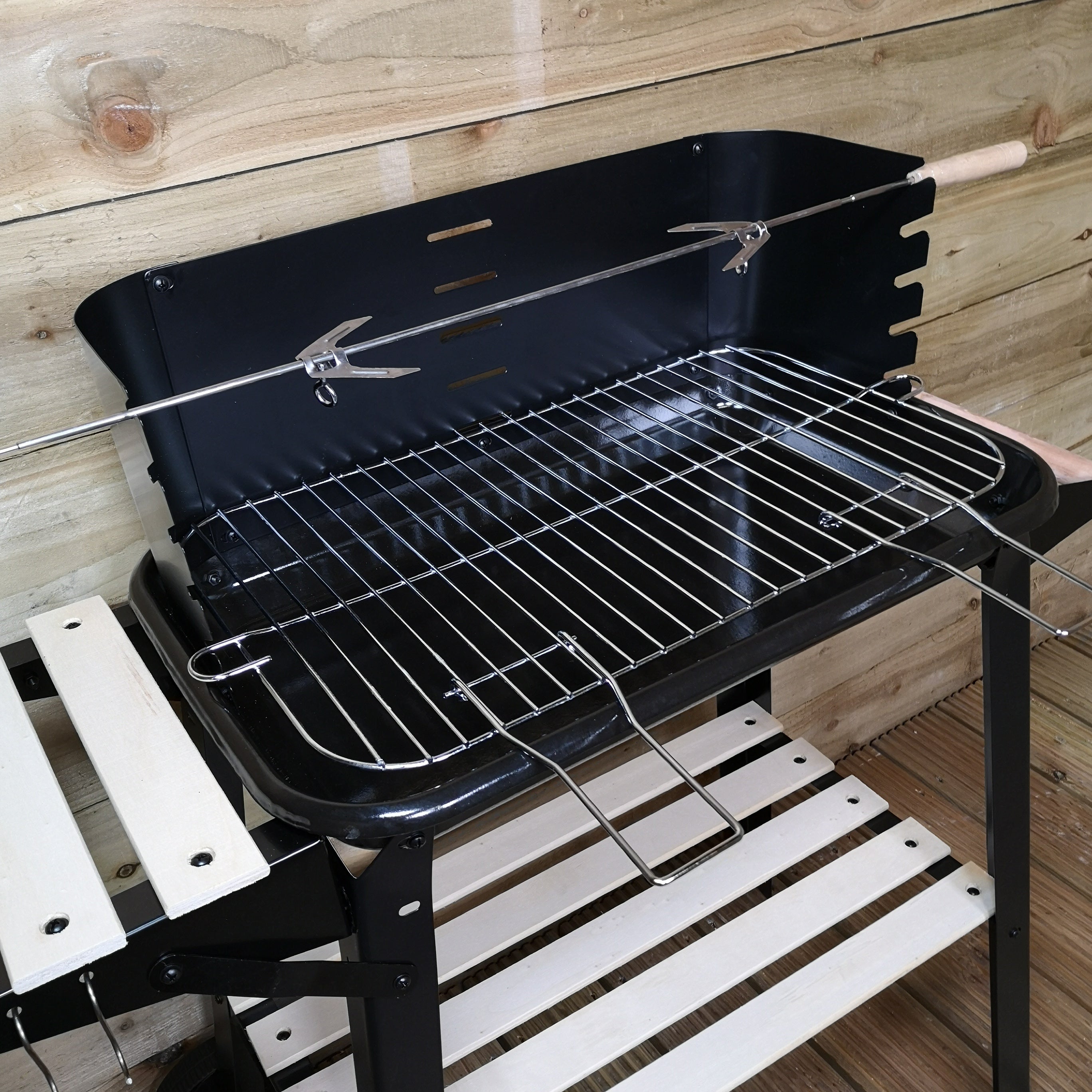 Rectangular Trolley Charcoal BBQ With Wheels Black with Wooden Shelves 54 x 34 x 65cm