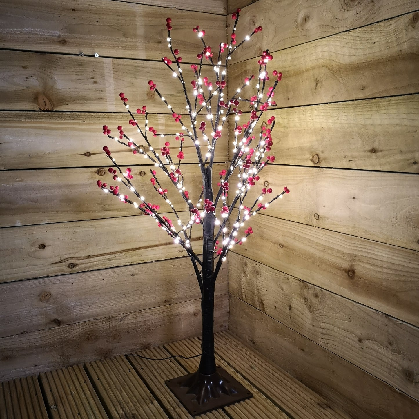 90cm 3ft Christmas Lit Black Twig Tree Red Berry 240 Warm White LED