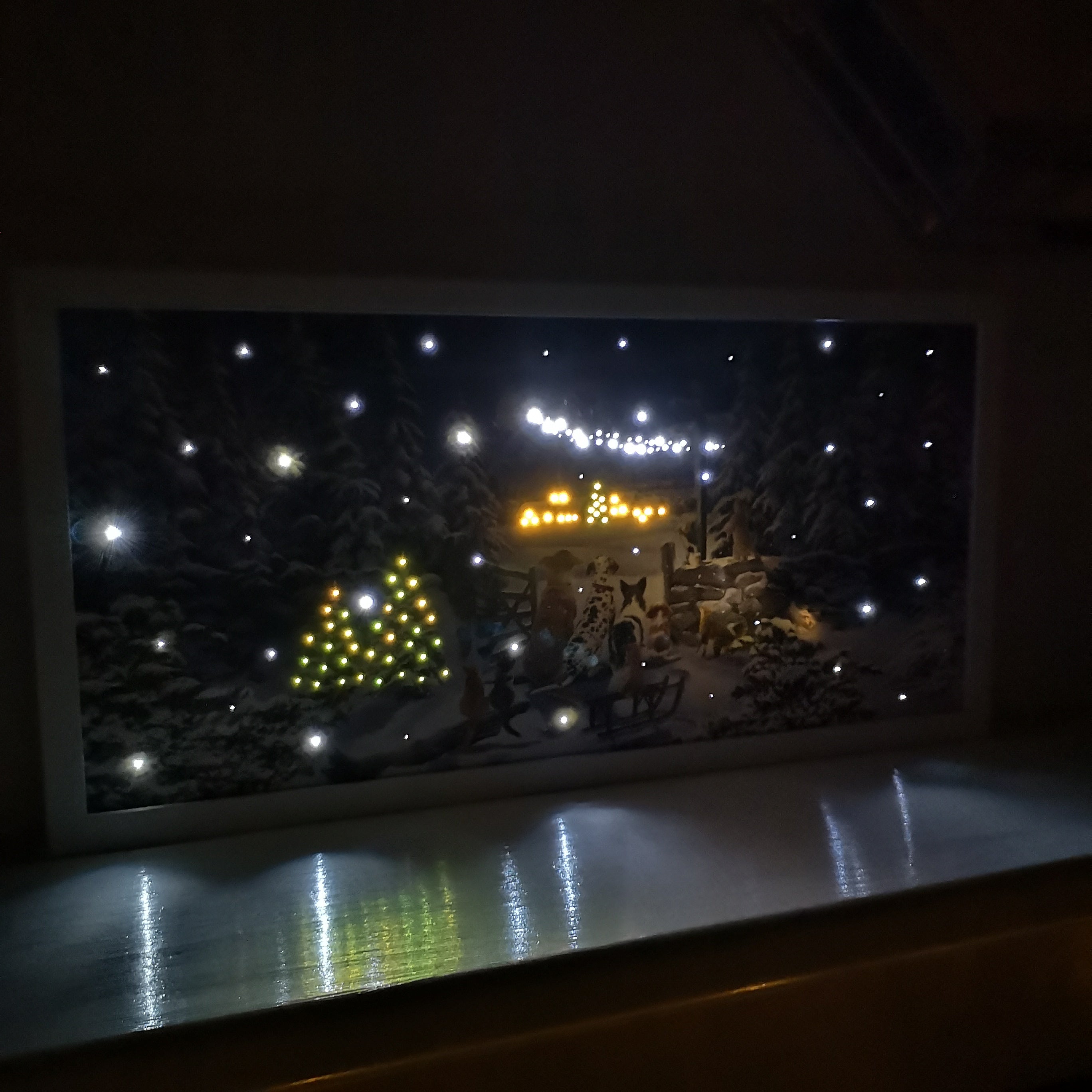H30 x 60cm Battery Operated Fibre Optic Winter Dogs Watching Santa Sleigh Scene Touch Activated Christmas Canvas
