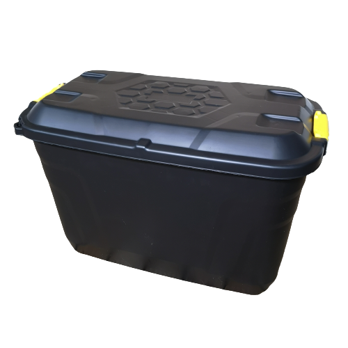 110L Heavy Duty Trunk on Wheels Sturdy, Lockable, Stackable and Nestable Design Storage Chest with Clips in Black