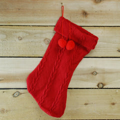 45cm Knitted Fabric Christmas Stocking Decoration with Pom Poms in Red