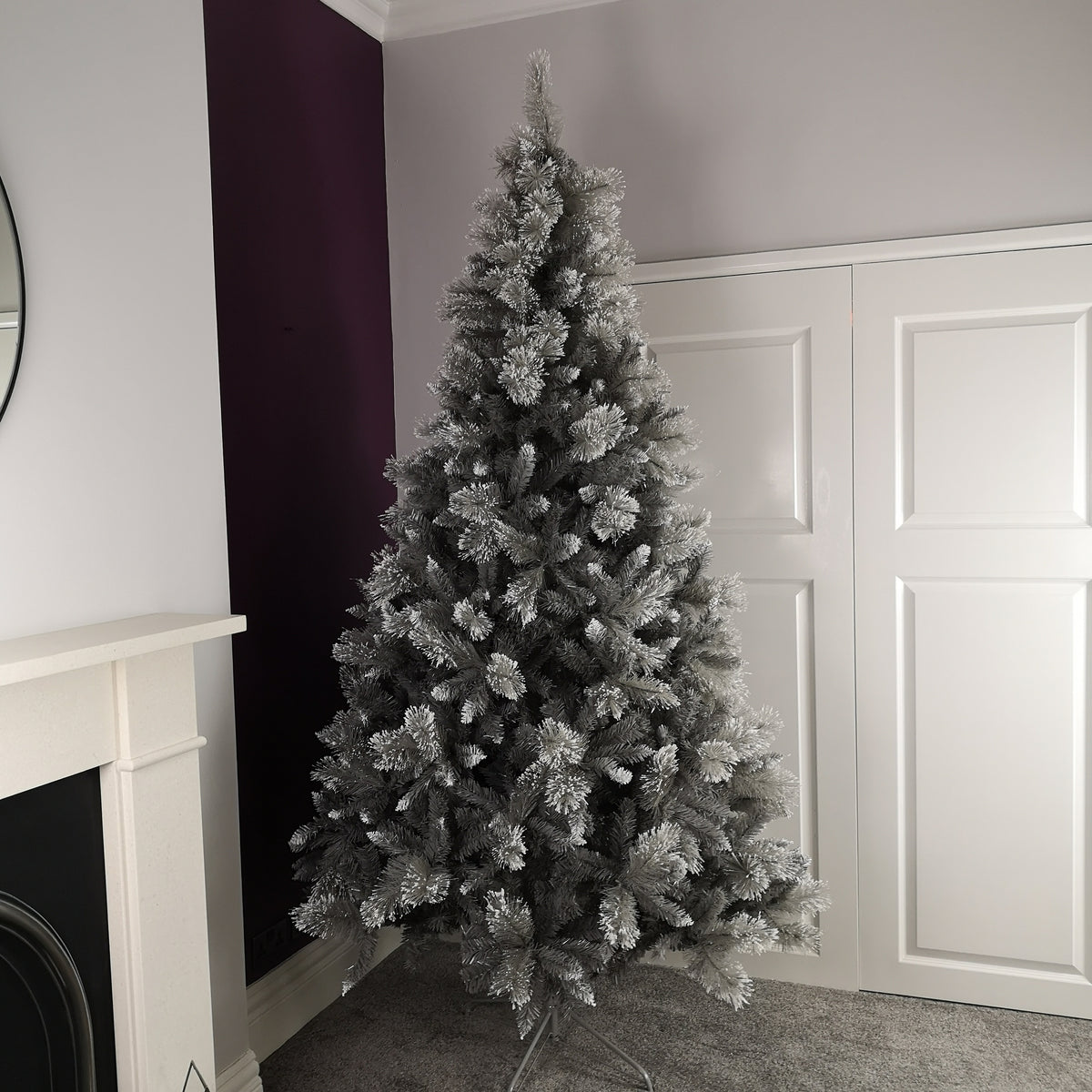2.1m (7ft) Silver Glitter Tip Fir Festive Christmas Tree in Grey PVC