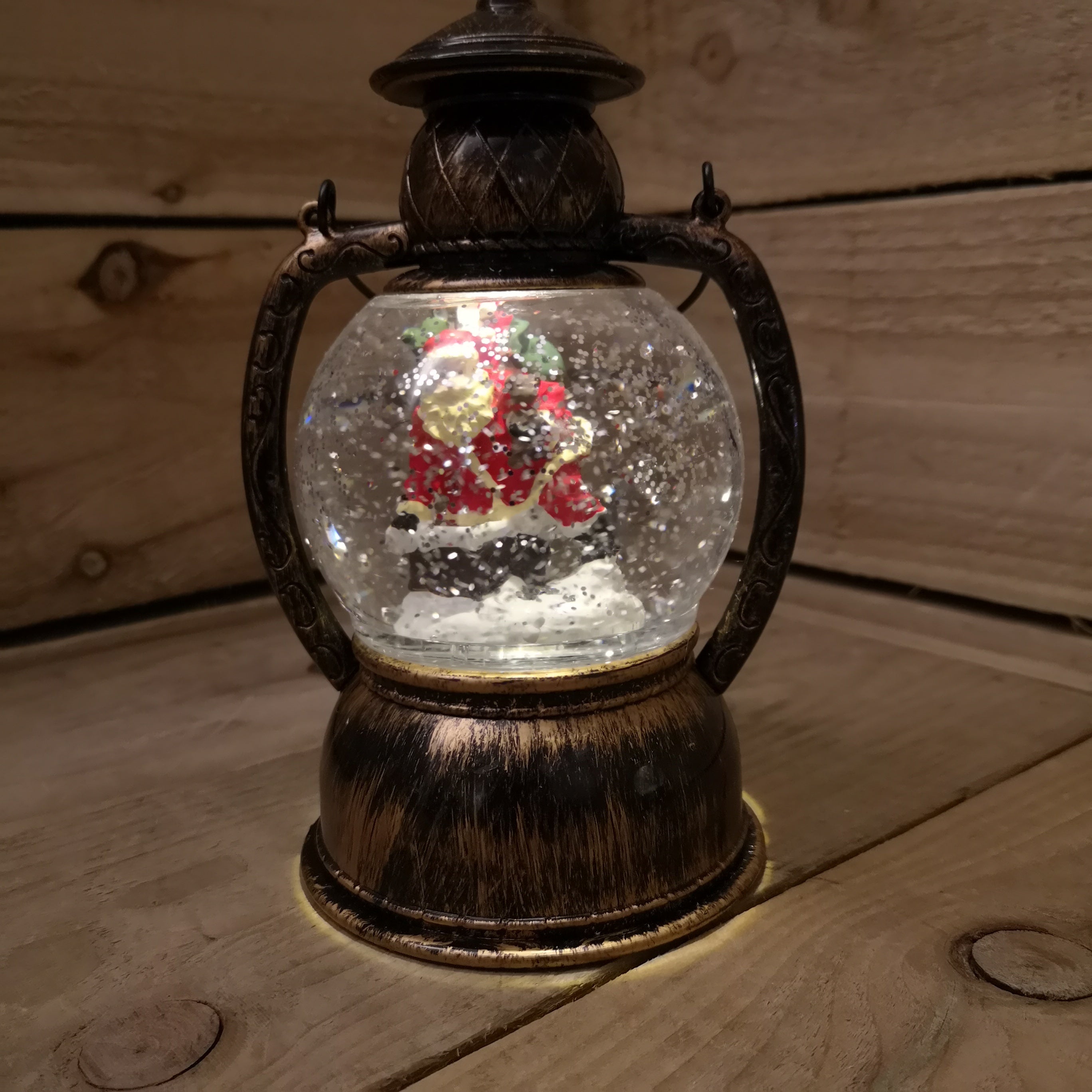 20cm Premier Christmas Water Spinner Antique Effect Hurricane Lantern with Santa Scene Battery Operated