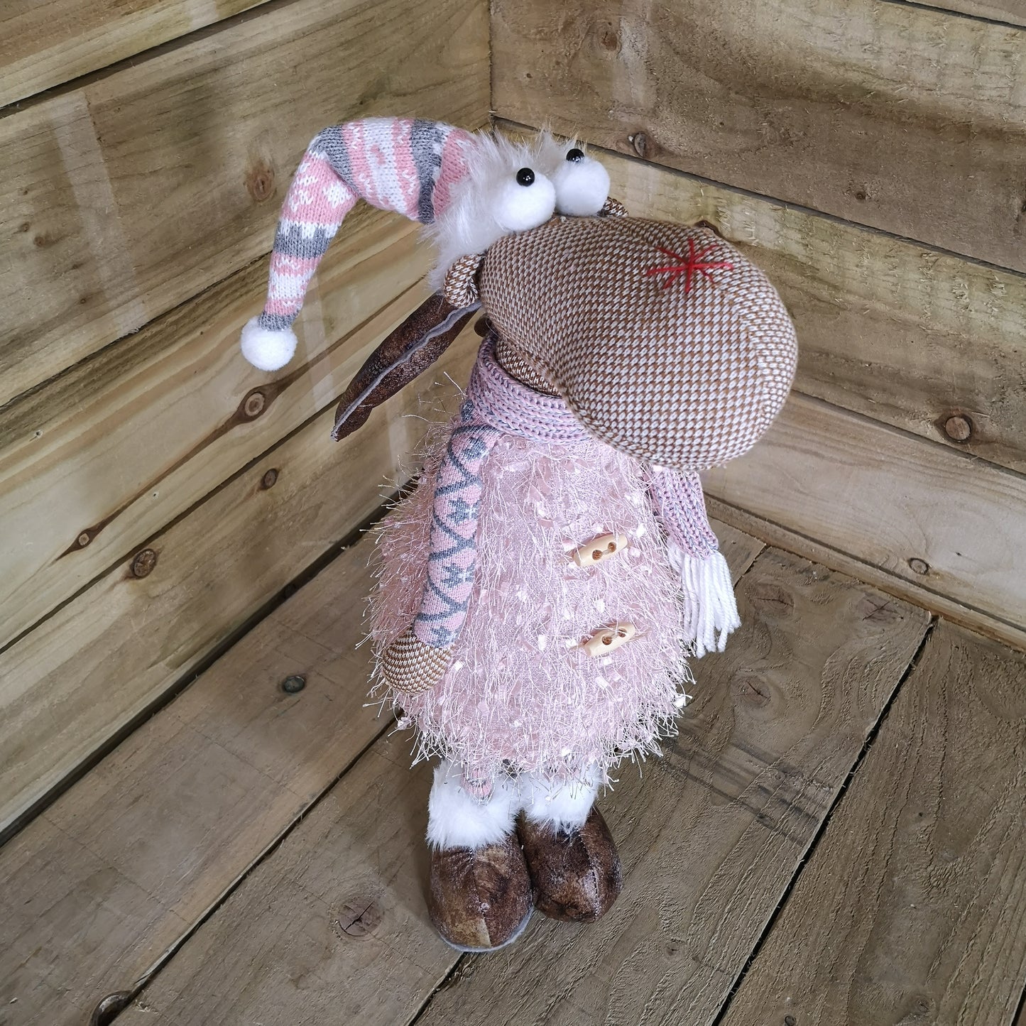 50cm Battery Warm White Light Up Standing Christmas Reindeer with Pink and Grey Hat
