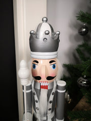 60cm Festive Christmas Wooden Nutcracker Soldier Decoration in Silver and White