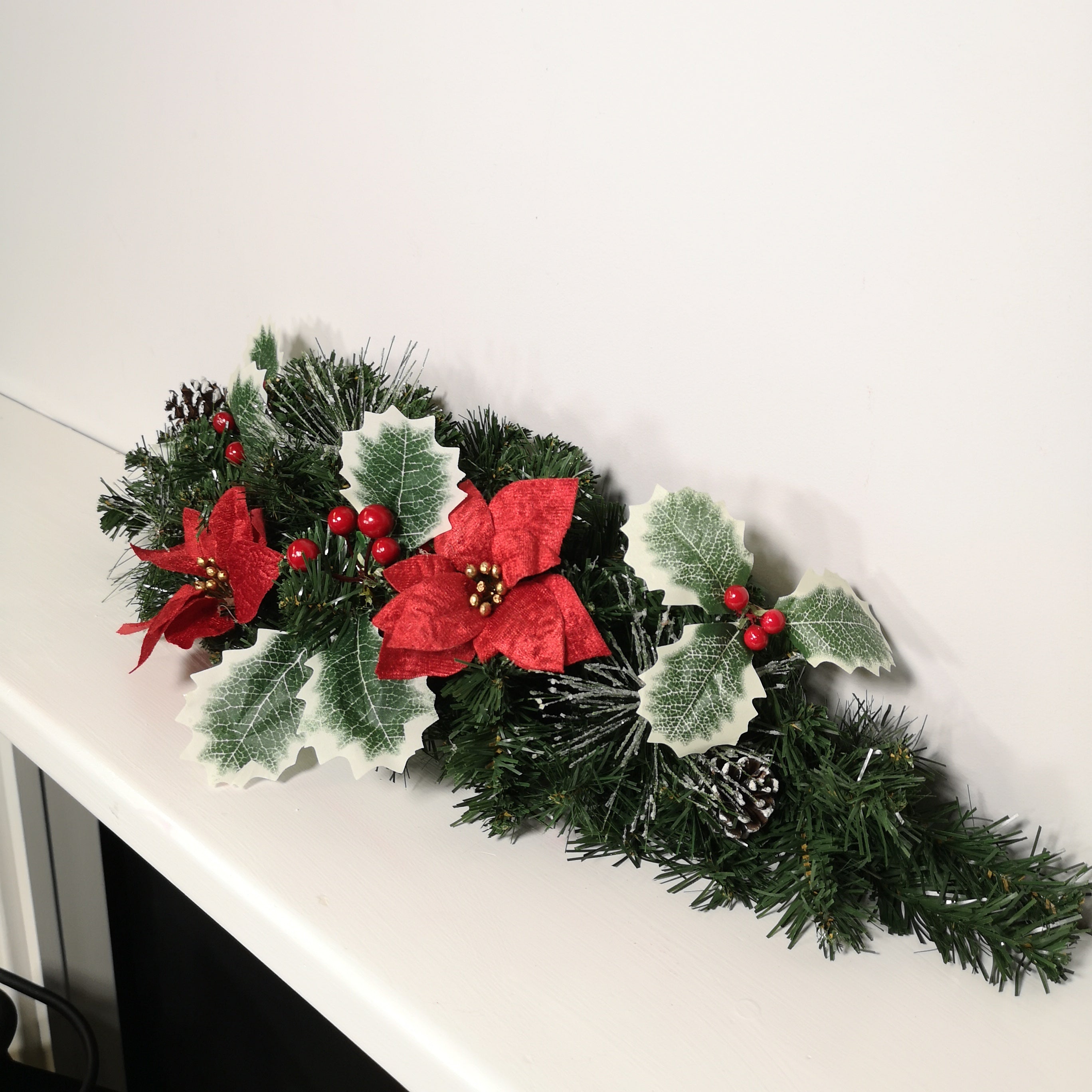 60cm Christmas Swag with Poinsettia and Holly Leaves / Berries