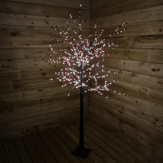 180cm 6ft Christmas Lit Black Twig Tree Red Berry 600 Warm White LED 2736