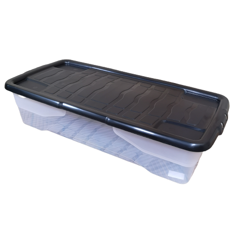 42L Clear Under Bed Storage Box with Black Lid, Stackable and Nestable