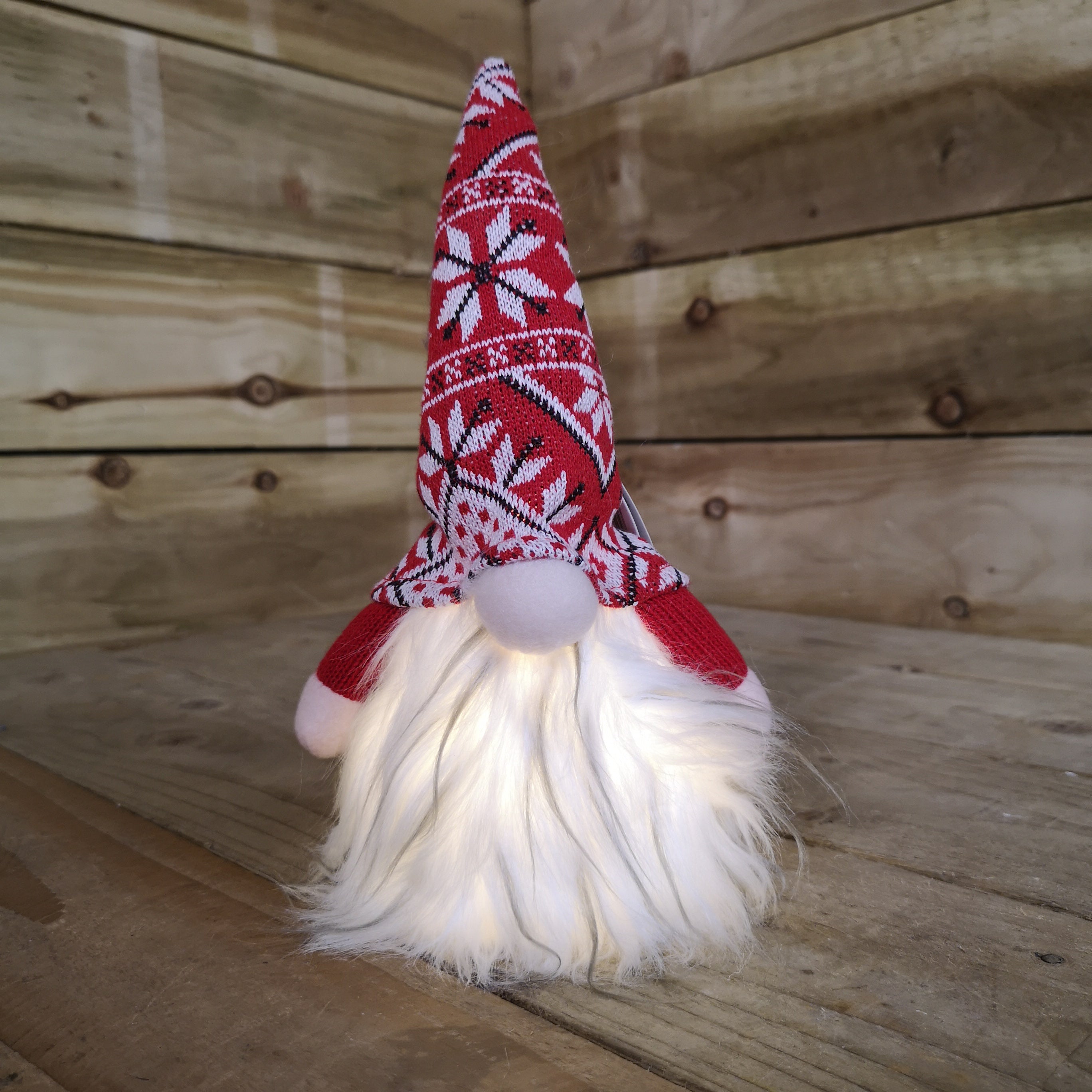 27cm Tall Christmas Light Up Gnome Gonk Nordic Decoration Red Patterned Hat Sitting