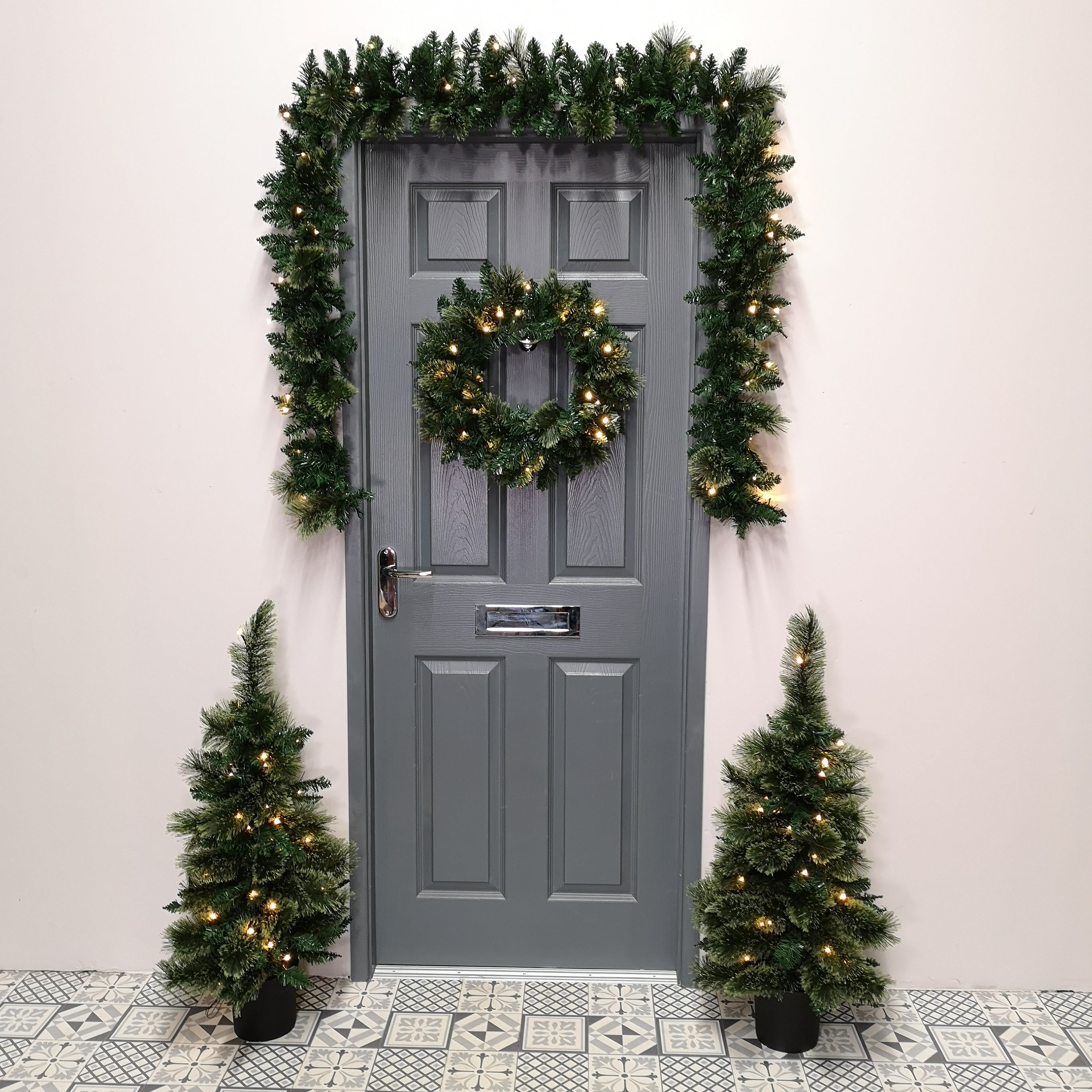 Set of 4 Premier Pre Lit Christmas Door Decoration Kit PVC/ Cashmere - 90cm Trees / Garland & 50cm Wreath
