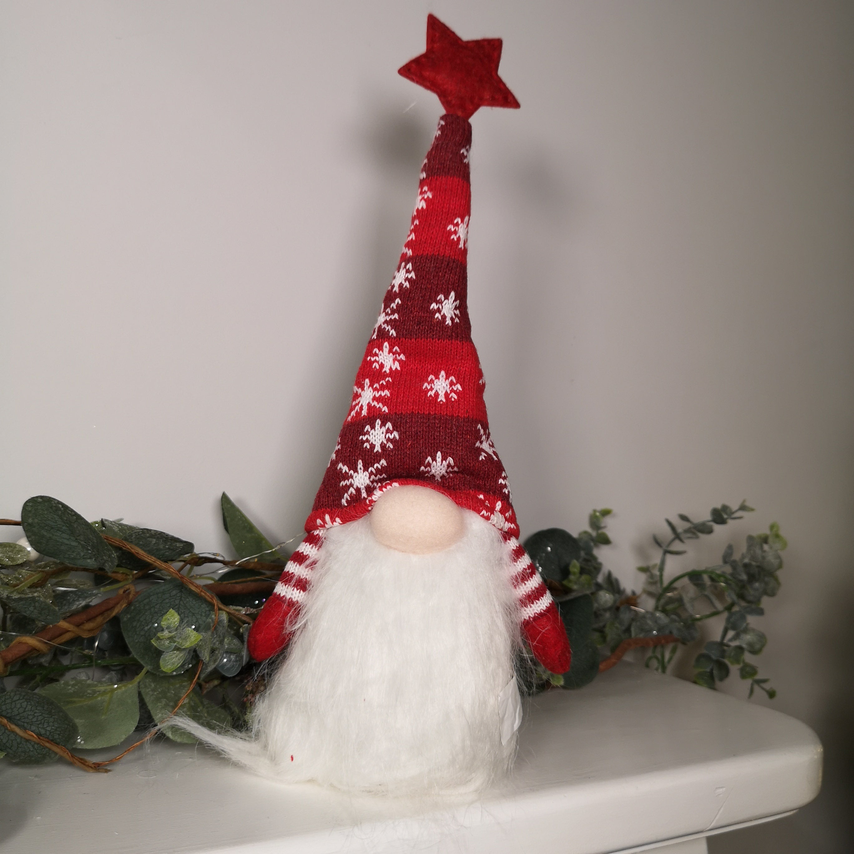 30cm Haired Sitting Christmas Gonk with Star Tipped Hat - Red & White