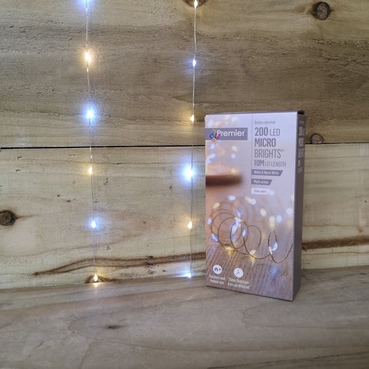 200 LED 10m  Premier MicroBrights Indoor Outdoor Christmas Multi Function Battery Operated Lights with Timer on Pin Wire in Warm & Cool White