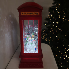 26.5cm Premier Christmas Water Spinner Telephone Box Design - Choose From Snowman Family Or Santa
