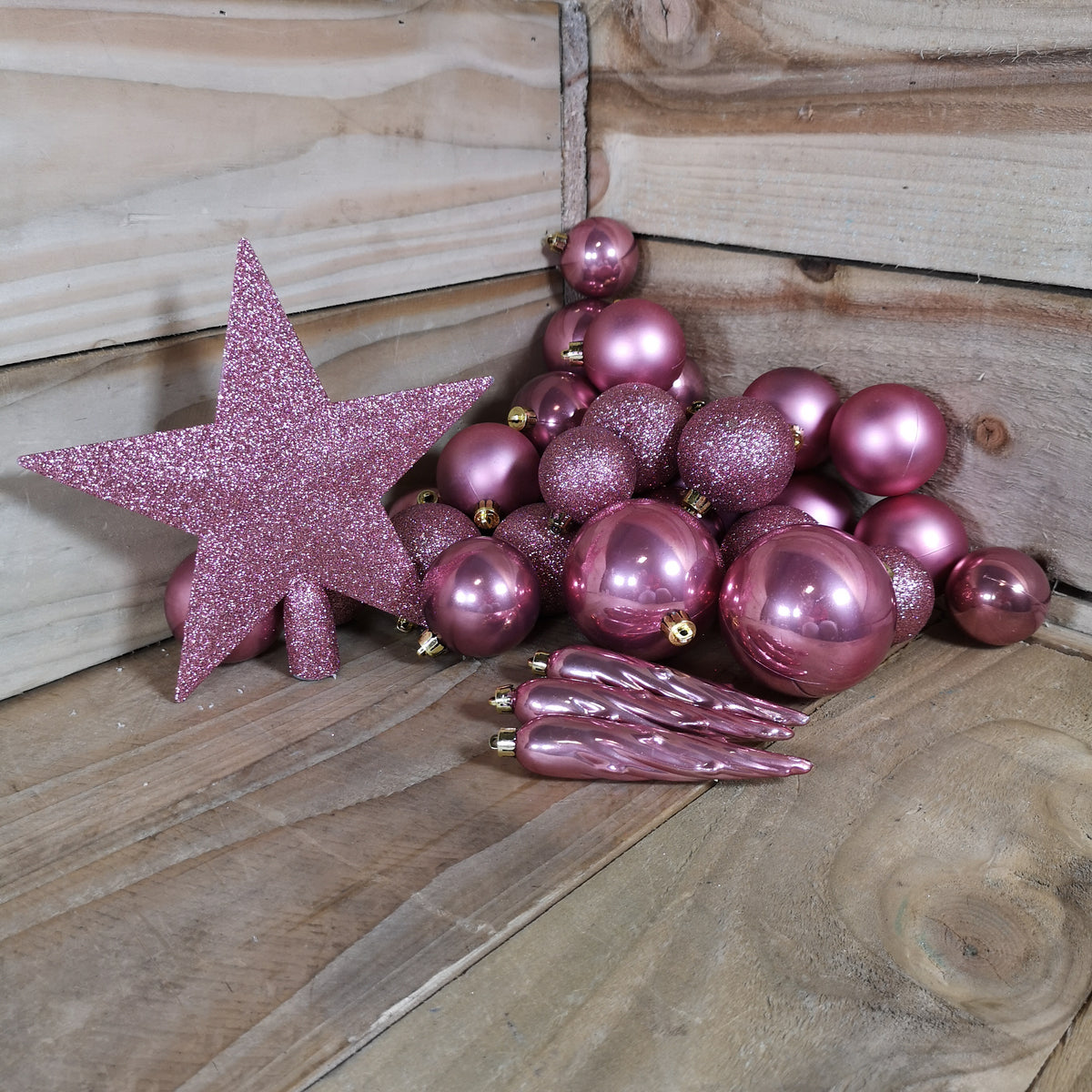 33 Assorted Shatterproof Christmas Baubles With Star Tree Topper - Pink
