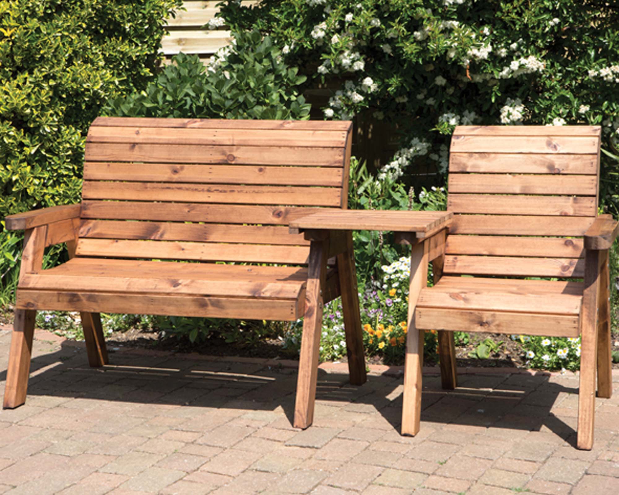 Hand Made 3 Seater Chunky Rustic Wooden Garden Furniture Companion Set with tray