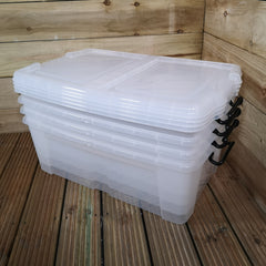 4 x 50L Smart Storage Boxes, Clear with Clear Extra Strong Lids, Stackable and Nestable Design Storage Solution