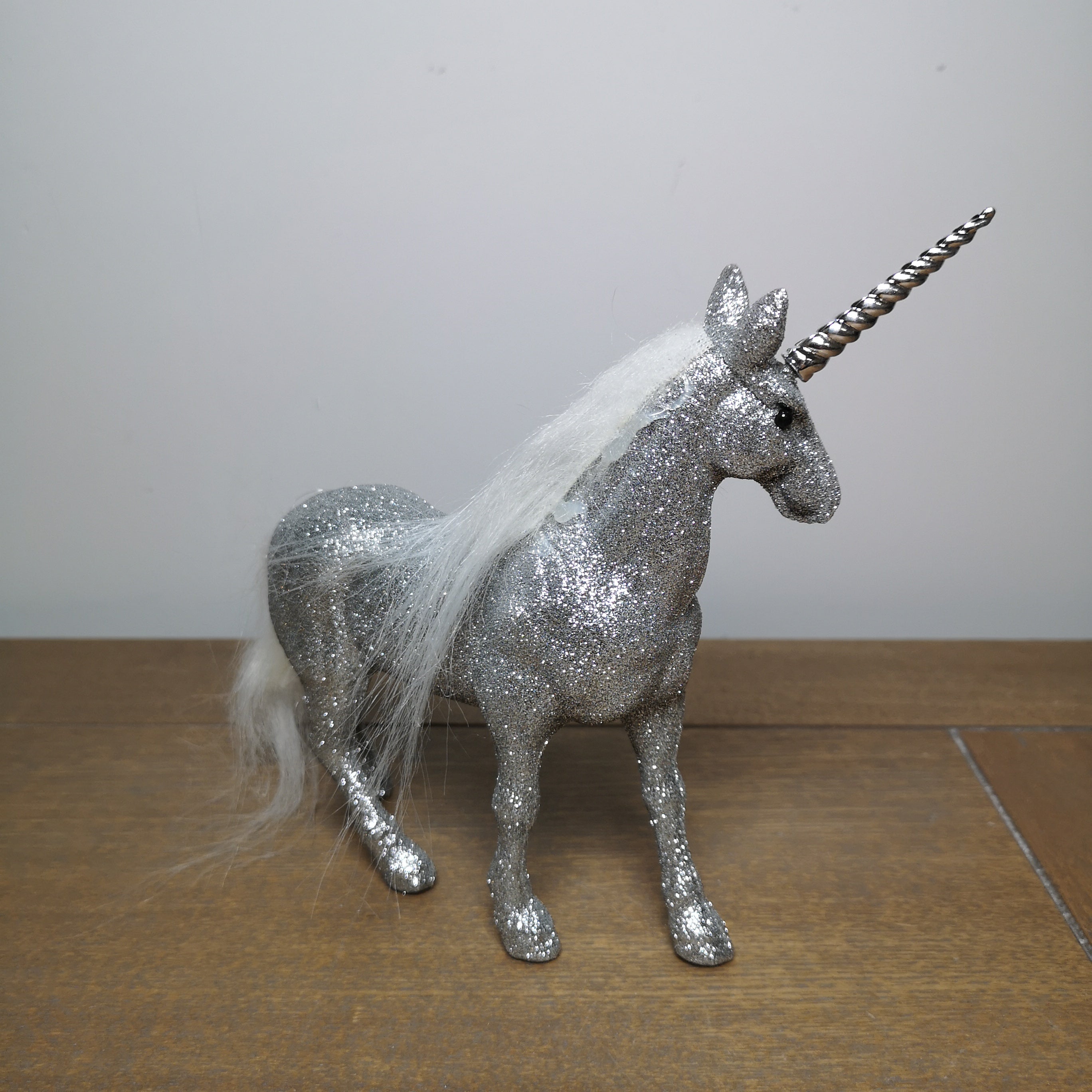 17cm Glitter Standing Unicorn Ornament Christmas Decoration in Silver