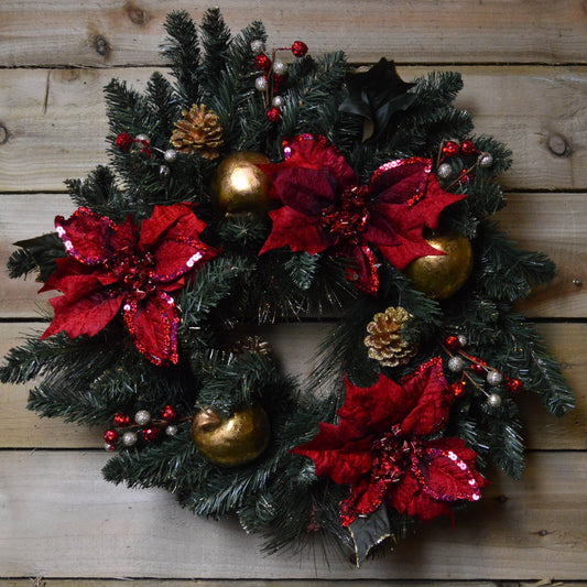 60cm Red Poinsettia Christmas Decorative Wreath with Gold Baubles by Premier