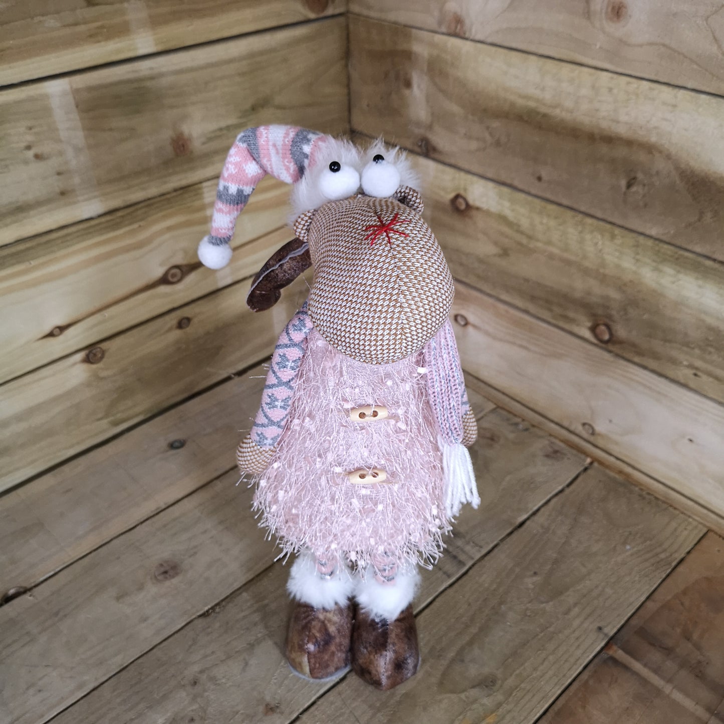 50cm Battery Warm White Light Up Standing Christmas Reindeer with Pink and Grey Hat