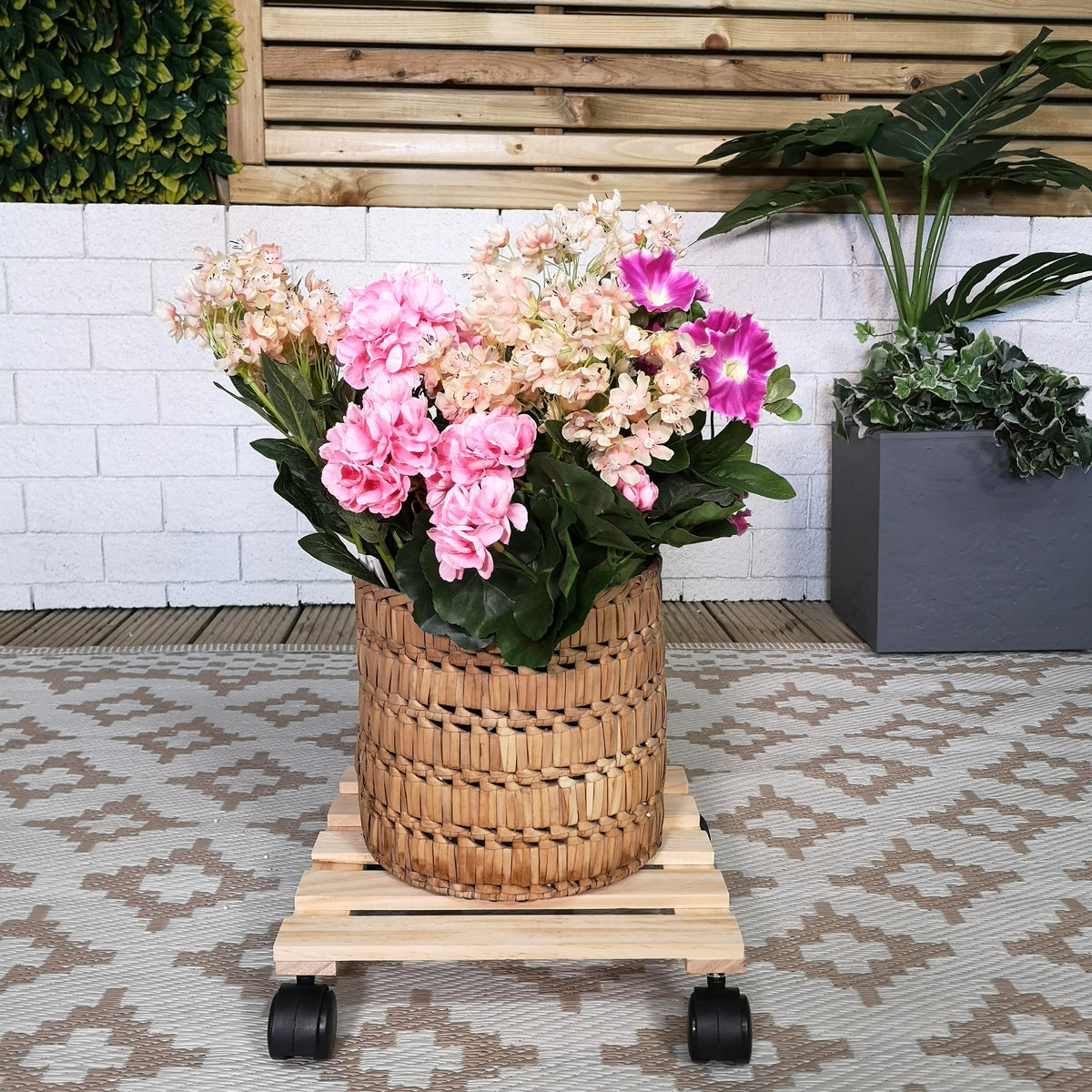 28cm Square Wooden Garden Plant Pot Flower Trolley Stand On Wheels