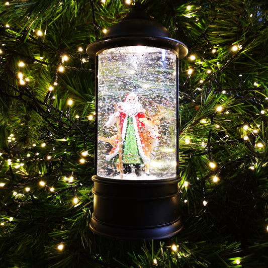 29cm Snowtime Christmas Water Spinner Antique Effect Lantern With Santa & Reindeer Scene  Dual Power 2736