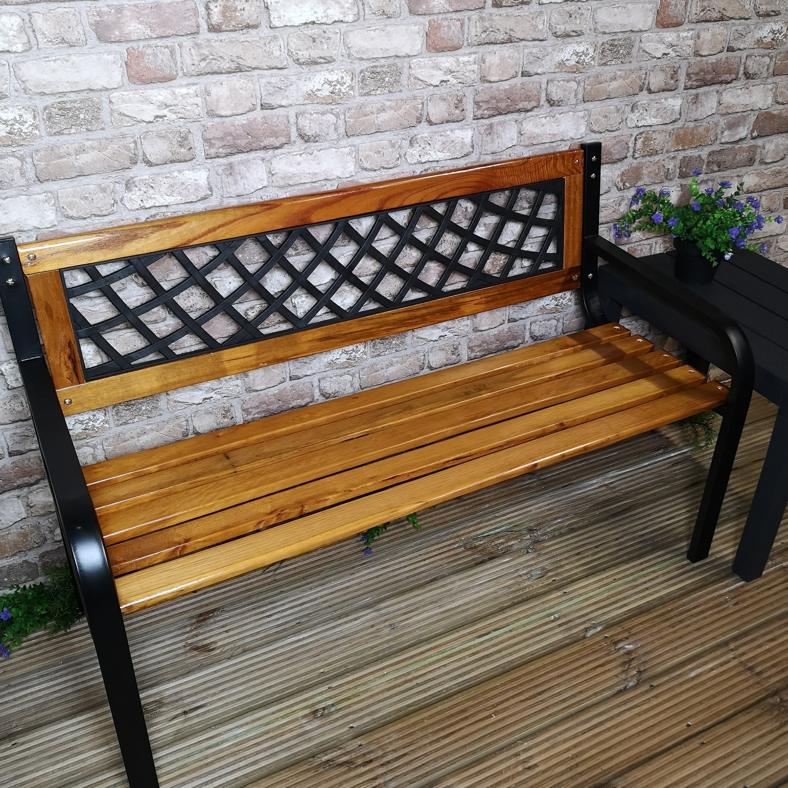 118cm Wooden 2 Seater Garden Bench with Metal Frame & Lattice Inlay
