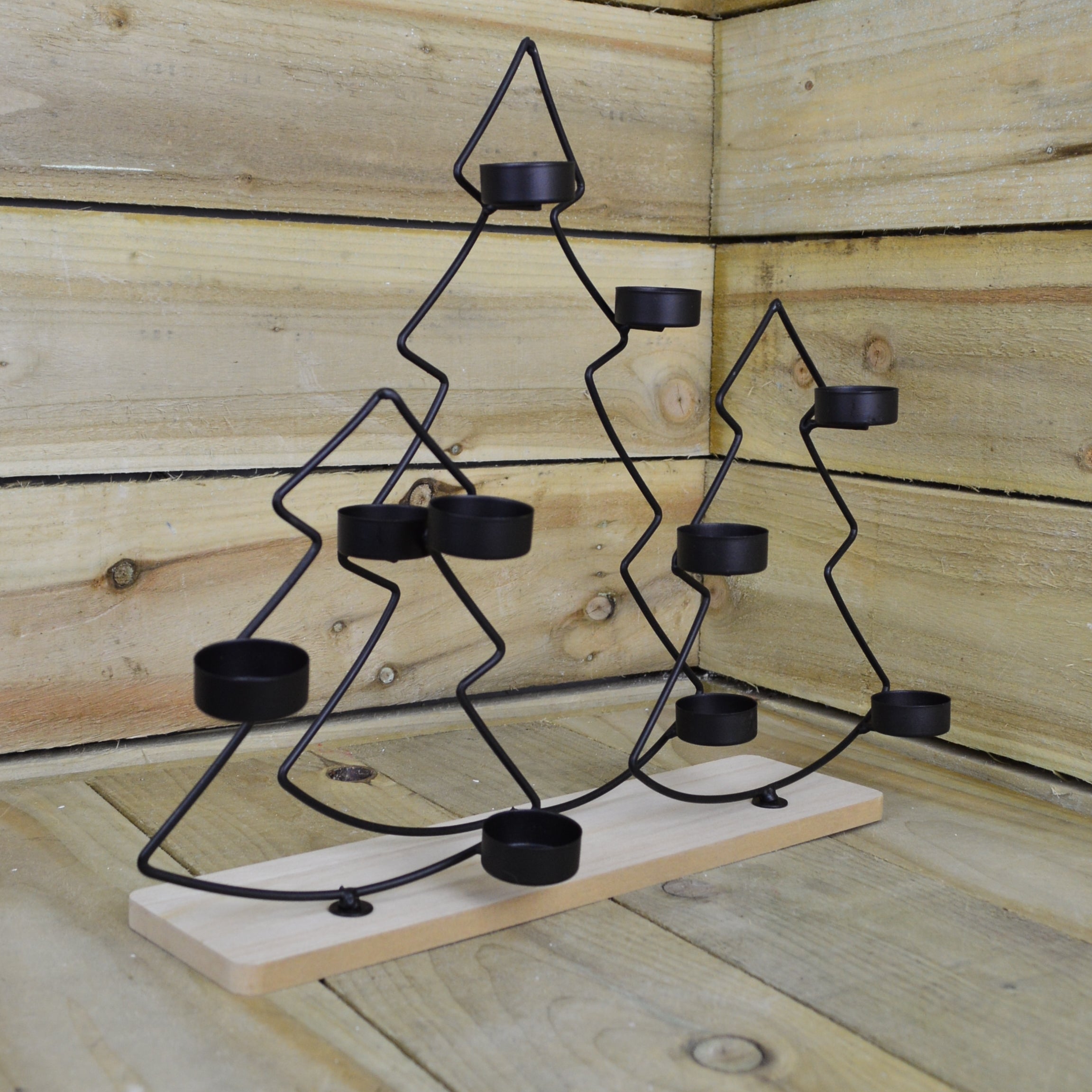 38cm Black Christmas Tree Tealight Holder on Wooden Base