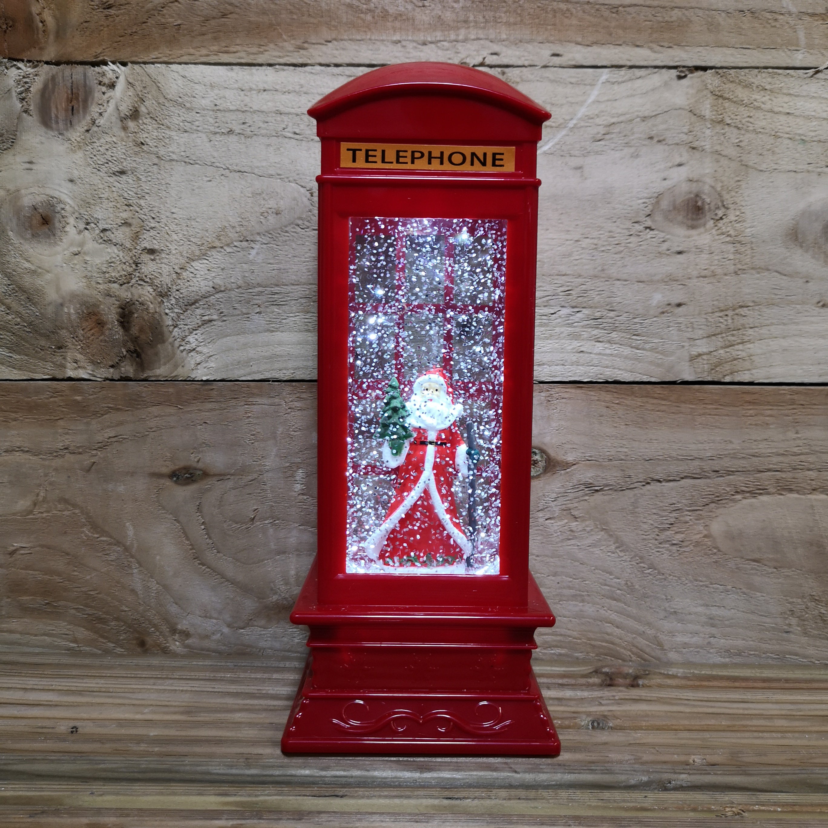 27cm Dual Power Christmas Glitter Water Spinner Red Phone Box Santa Scene