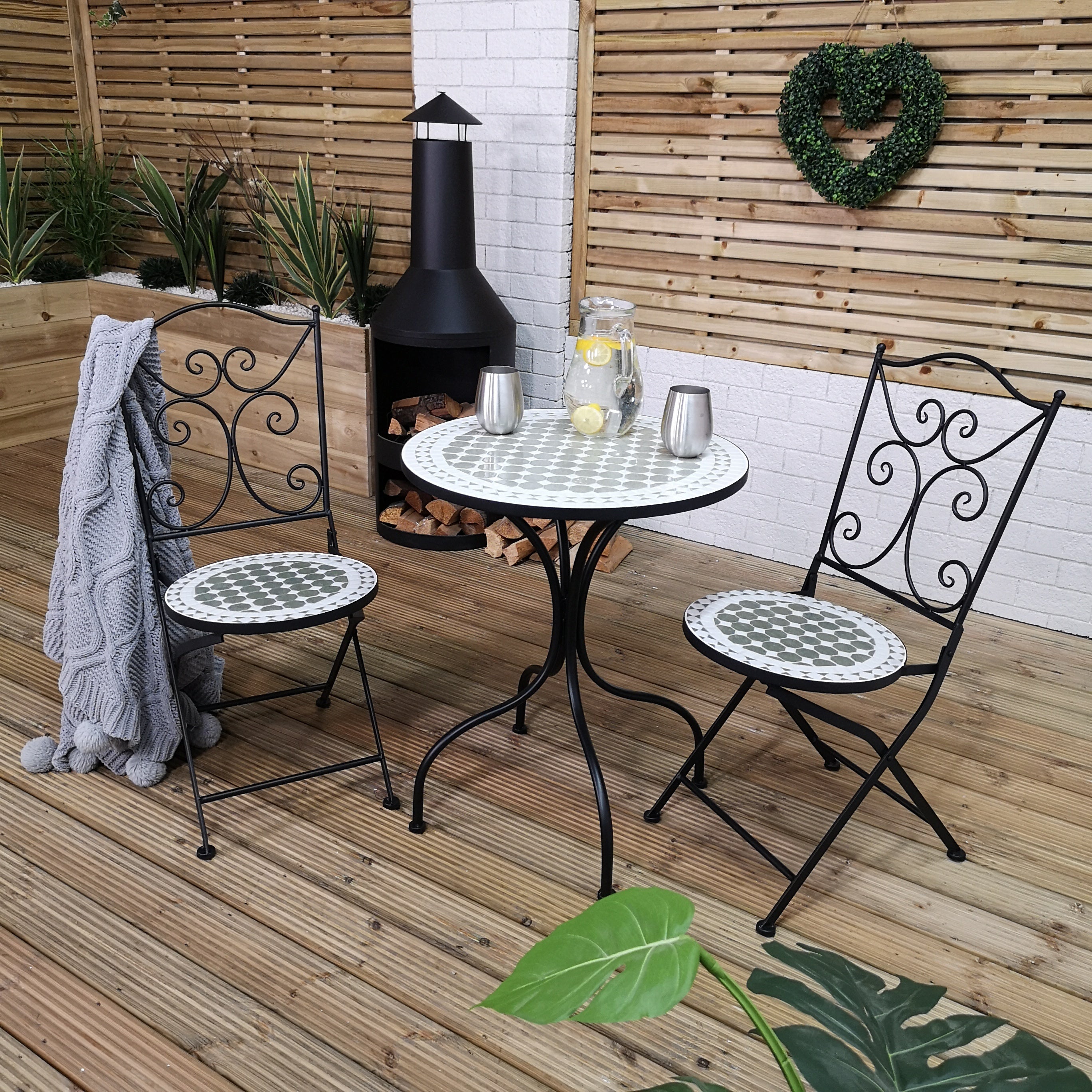 Outdoor Bistro Table and 2 Chairs Set Ceramic Design for Garden Patio Balcony