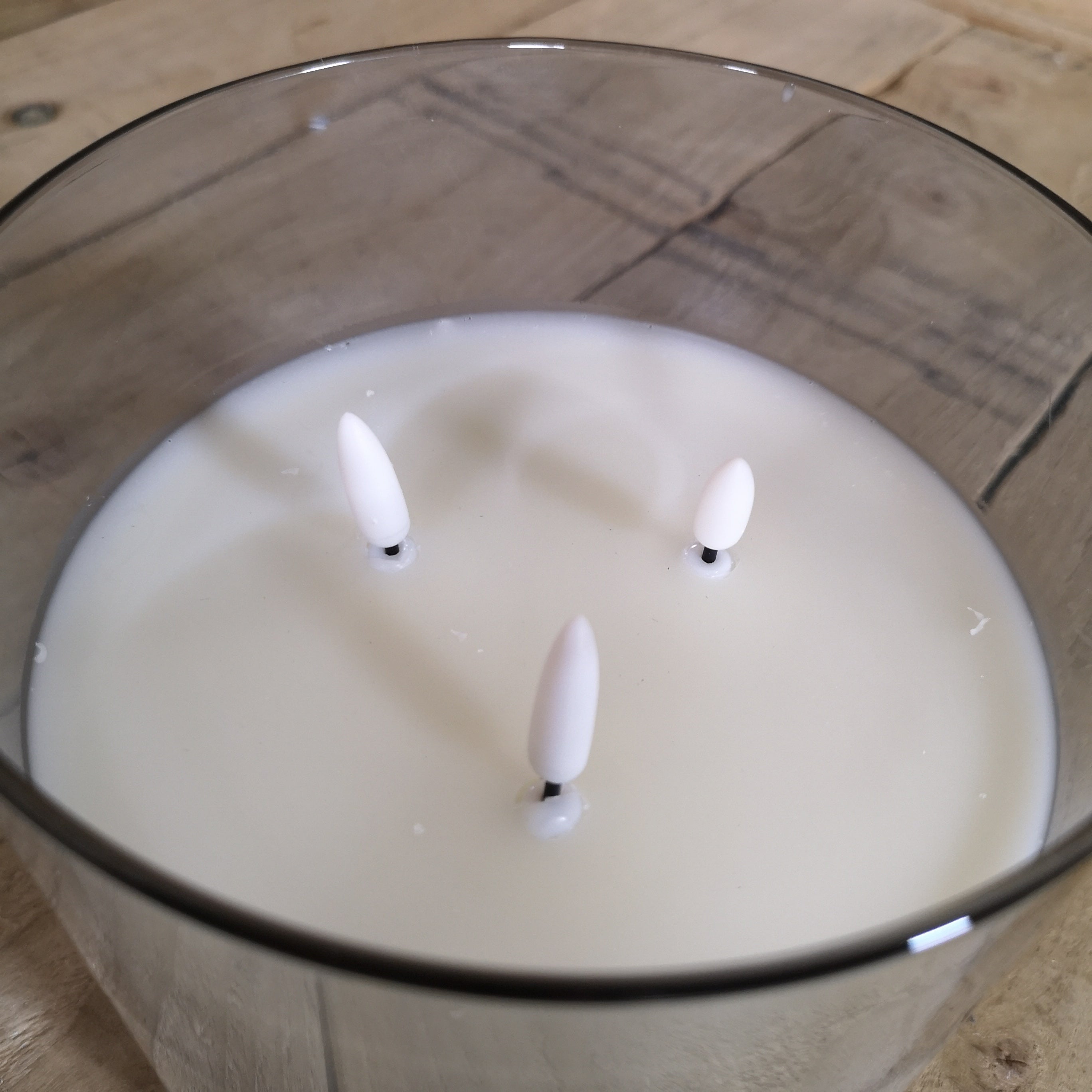 15 x15cm Triple Flame Real Wax Christmas Candle in Smoke Grey Glass with Timer, Dimmer and Remote